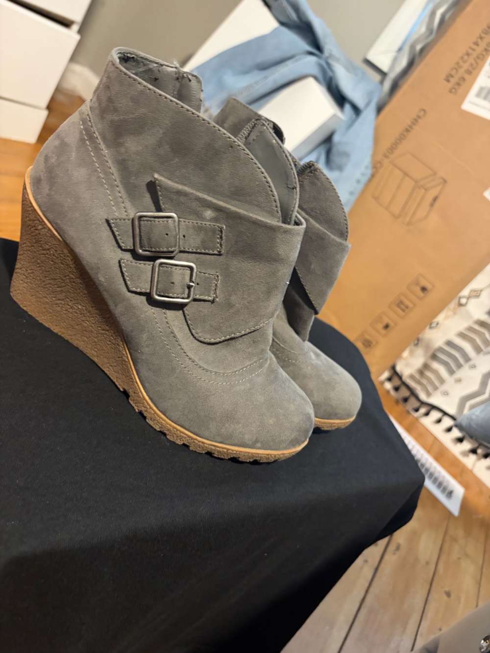 Gray Suede Wedge Booties with Buckle Detail